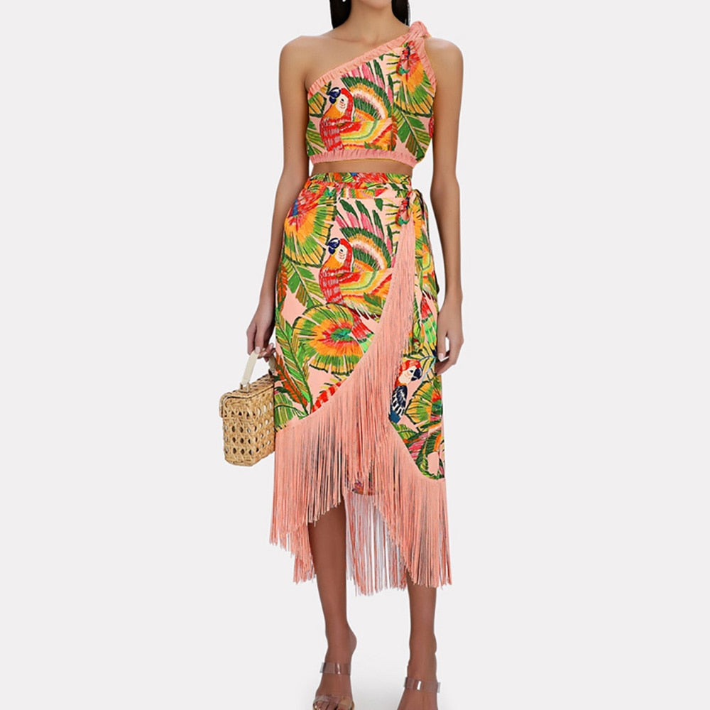 Bikini vintage monospalla con stampa e gonna con frange | ULZZANG BELLA