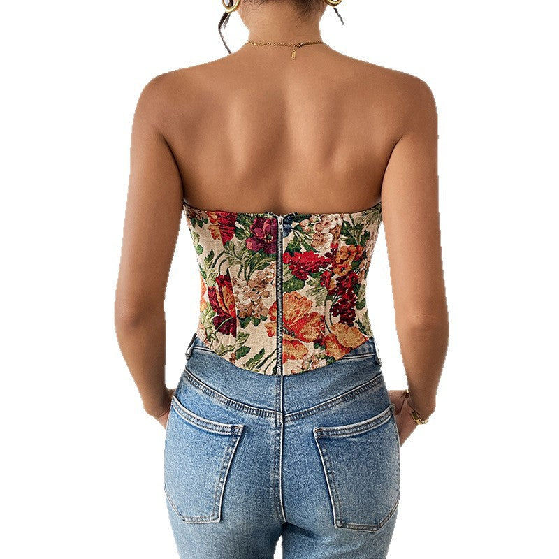 Floral Embrace Strapless Lace-Up Vest | ULZZANG BELLA