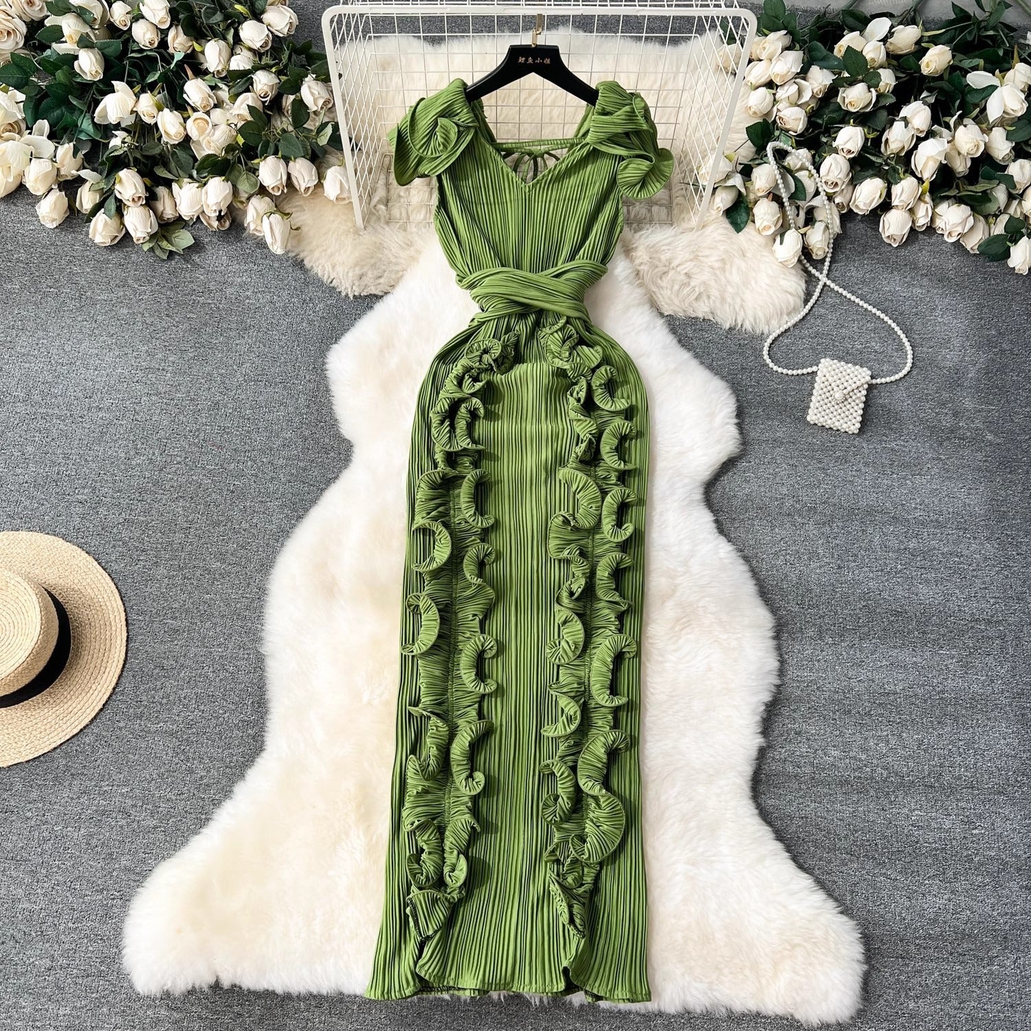 Elegant Ruffled Edge Long Dress with Pleated Detail | ULZZANG BELLA