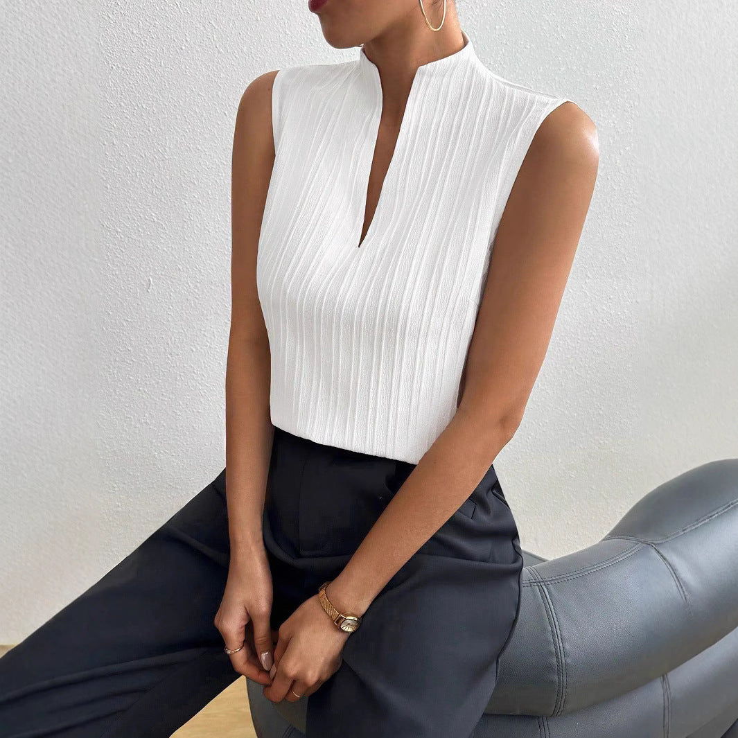 Elegante top senza maniche aderente con scollo a V in bianco | ULZZANG BELLA