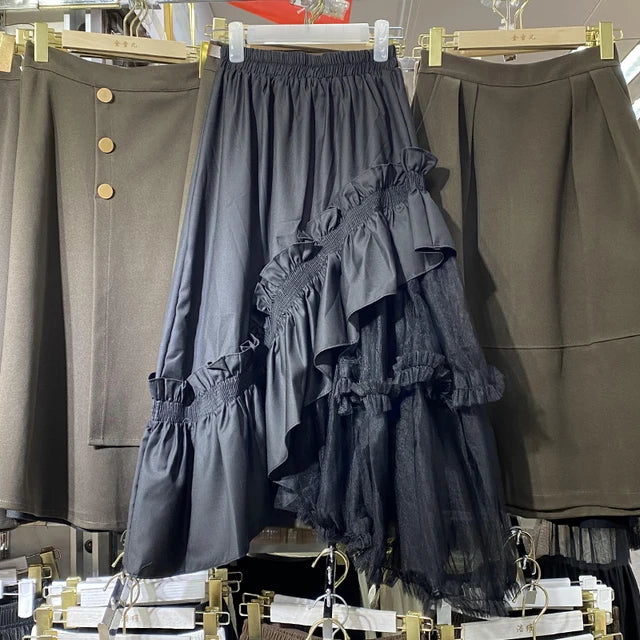 Irregular Mesh Splicing Pompadour Skirt for Autumn Elegance | ULZZANG BELLA