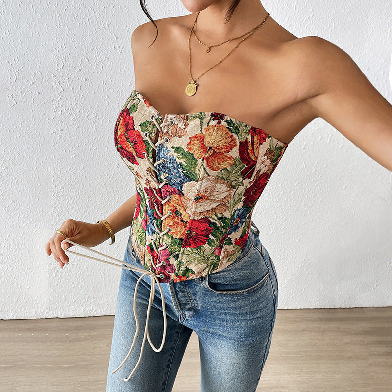 Floral Embrace Strapless Lace-Up Vest | ULZZANG BELLA