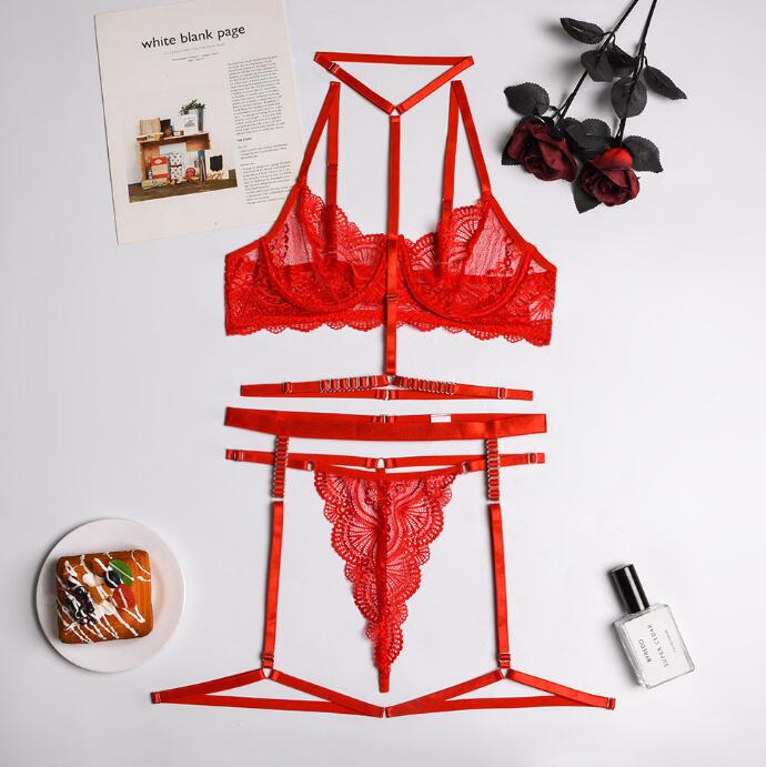 Seductive Scarlet Lace Embroidered Mesh Lingerie Set for Women | ULZZANG BELLA