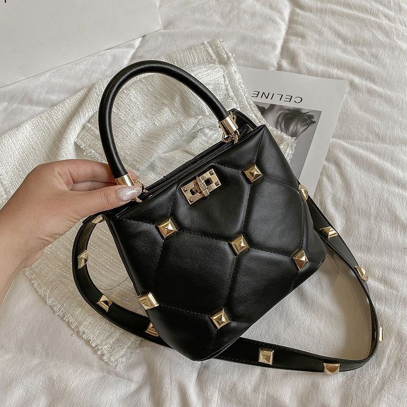 Rivet-Embellished Diagonal Crossbody Bucket Bag | ULZZANG BELLA