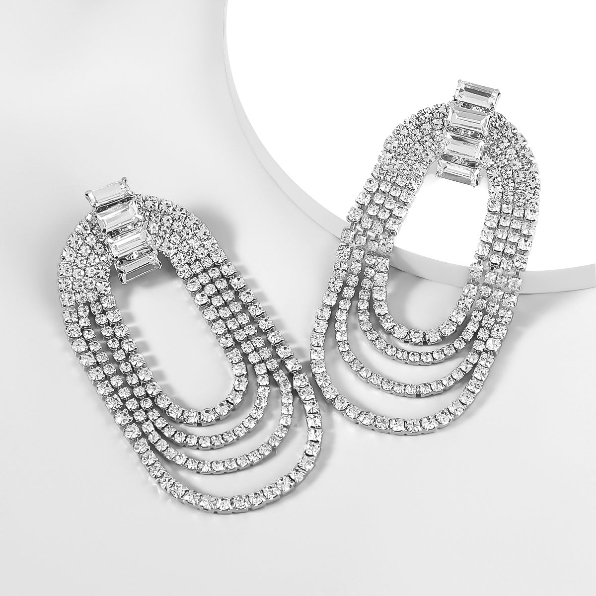 Luxe Alloy & Rhinestone Oval Dinner Earrings with Glass Diamonds | ULZZANG BELLA
