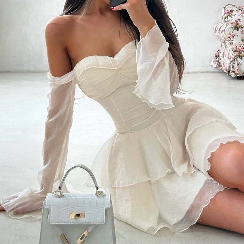 One-Shoulder Halter Midi Dress with Ruffle Detail | ULZZANG BELLA