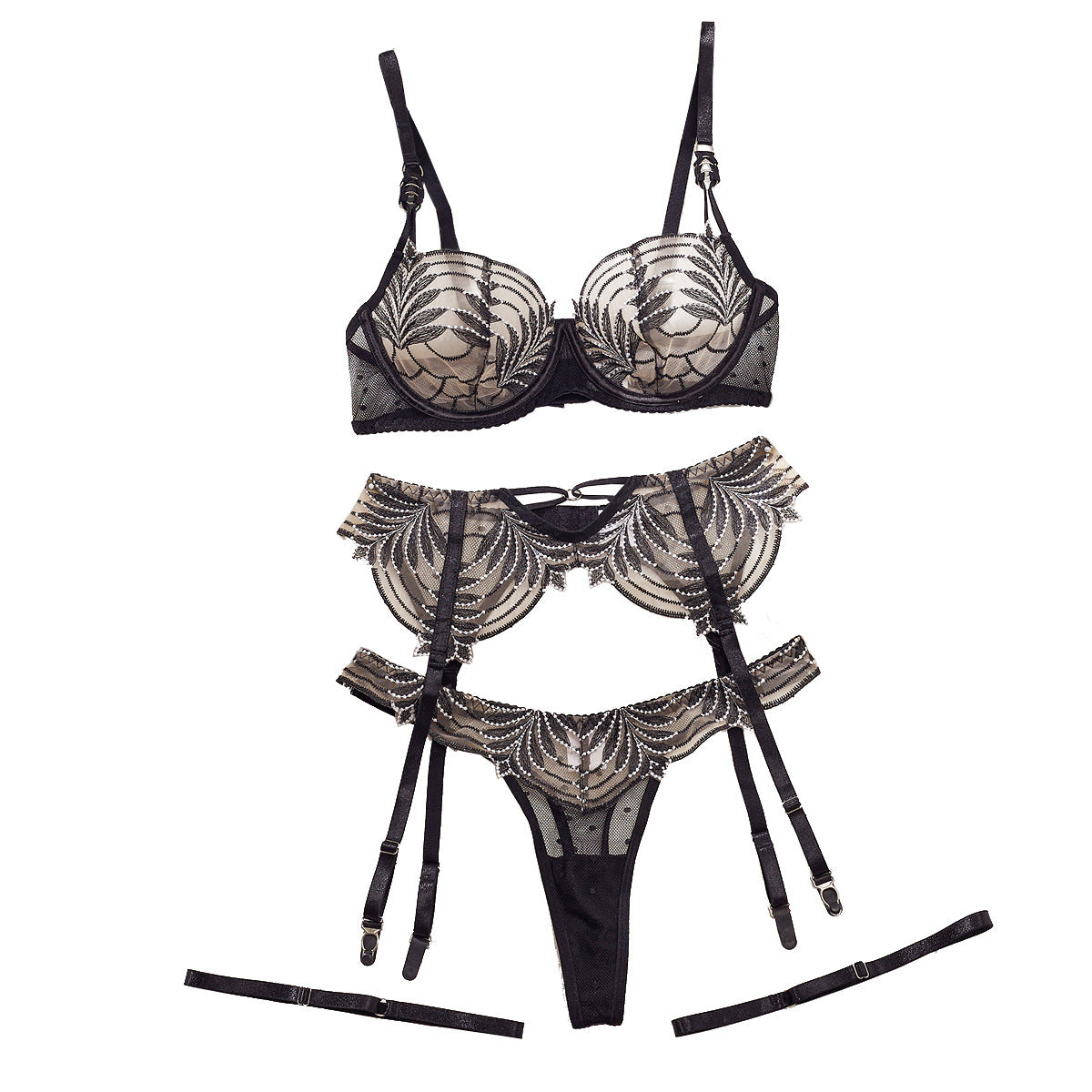 Seductive Embroidered Lace & Polka Dot Mesh Lingerie Set | ULZZANG BELLA