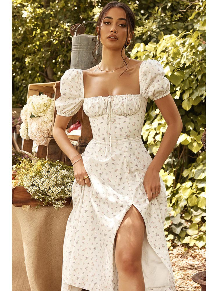 Abito midi floreale elegante con maniche a sbuffo e ampia gonna a ruota | ULZZANG BELLA