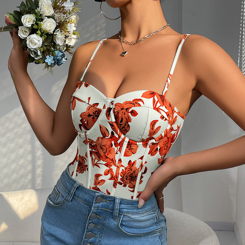 Elegant Orange Strap Print One-Piece Jumpsuit | ULZZANG BELLA