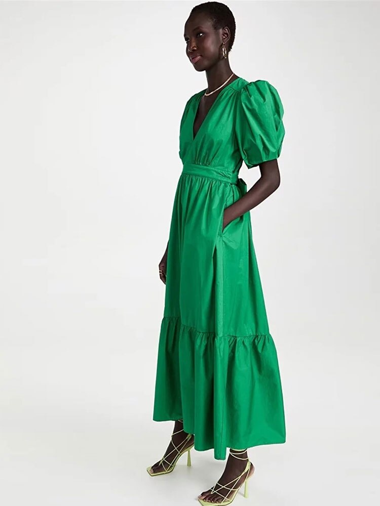 Elegant Deep V Puff Sleeve Midi A-Line Dress | ULZZANG BELLA