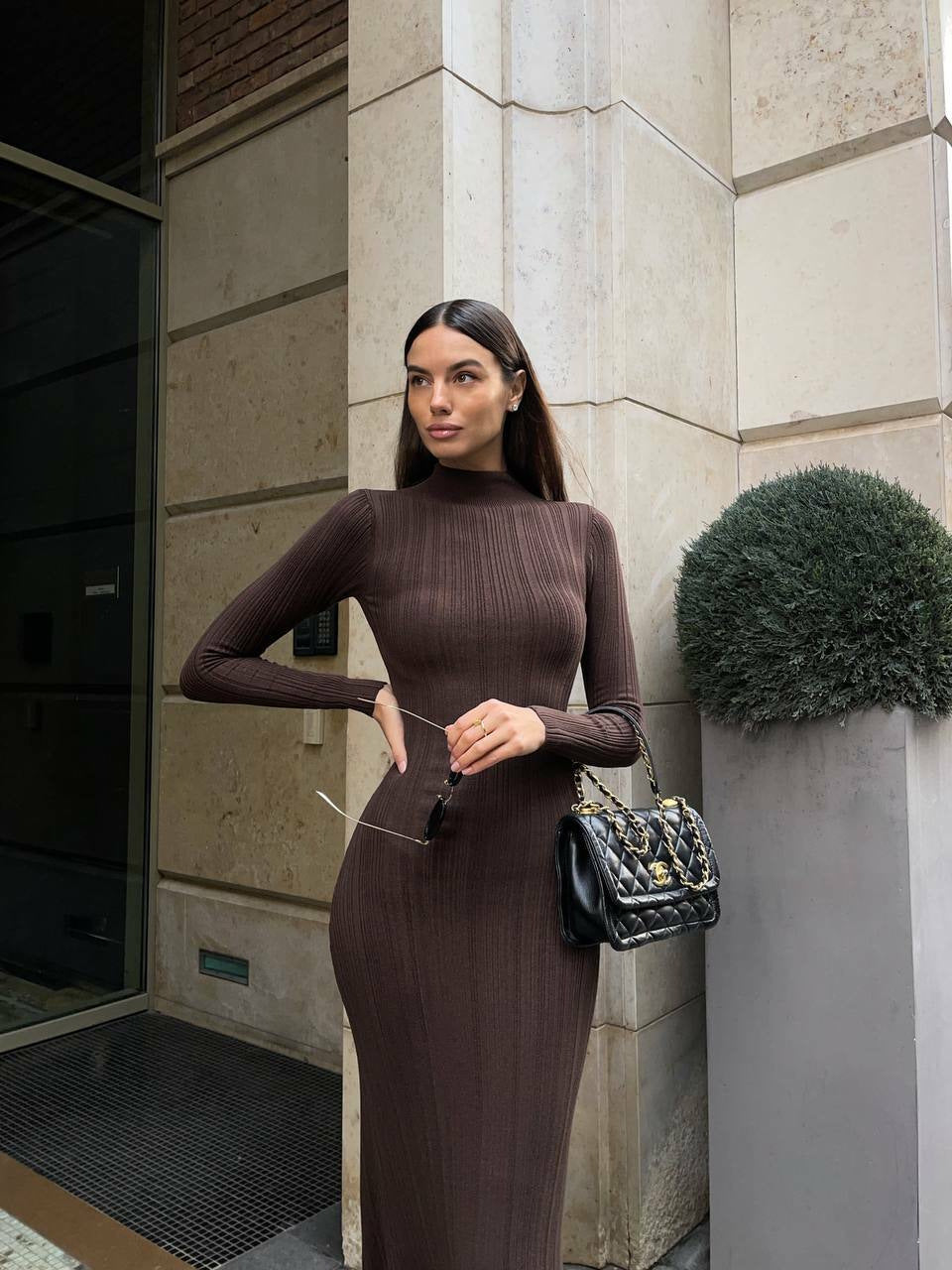 Elegant Striped Sweater Dress with High Neck | ULZZANG BELLA