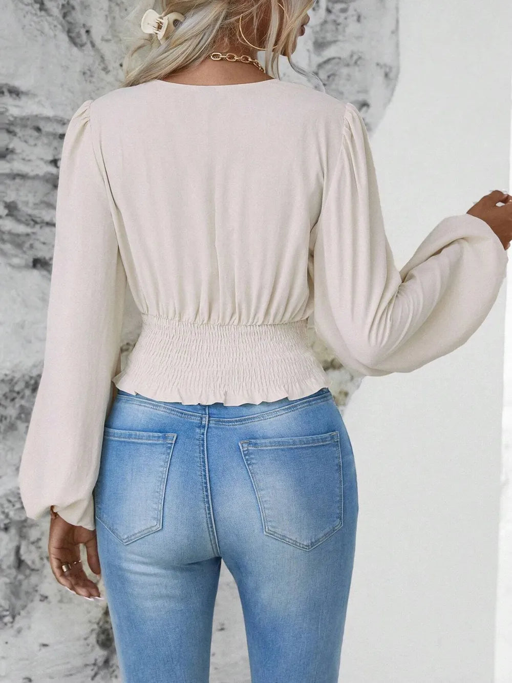 Elegantly Ruched Sheer Smocked Surplice Top with Balloon Sleeves | ULZZANG BELLA