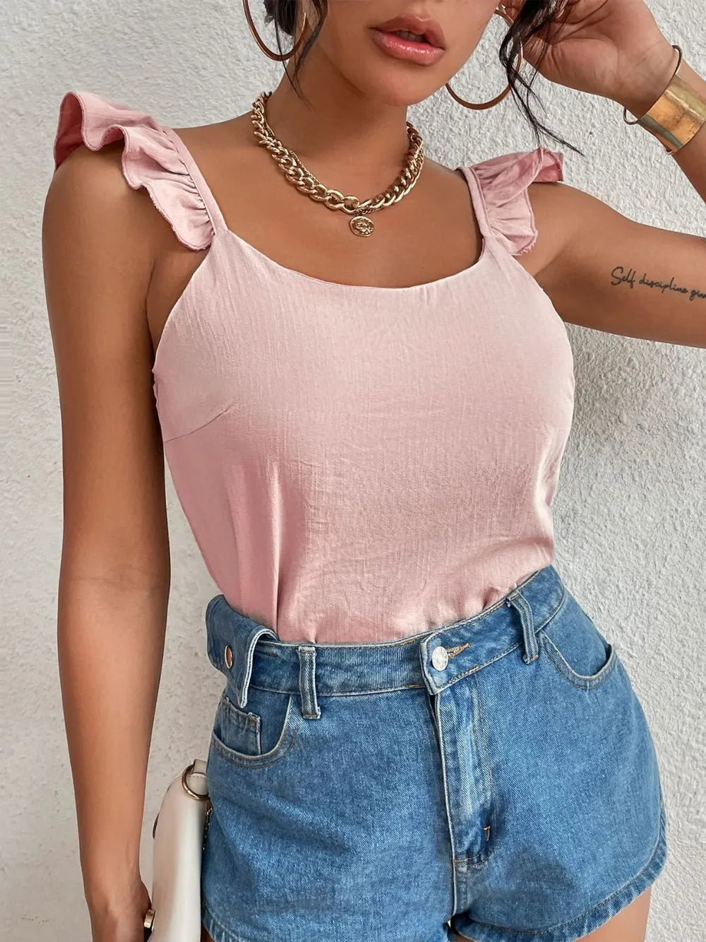 Elegantly Ruffled Backless Scoop Neck Tank Top | ULZZANG BELLA