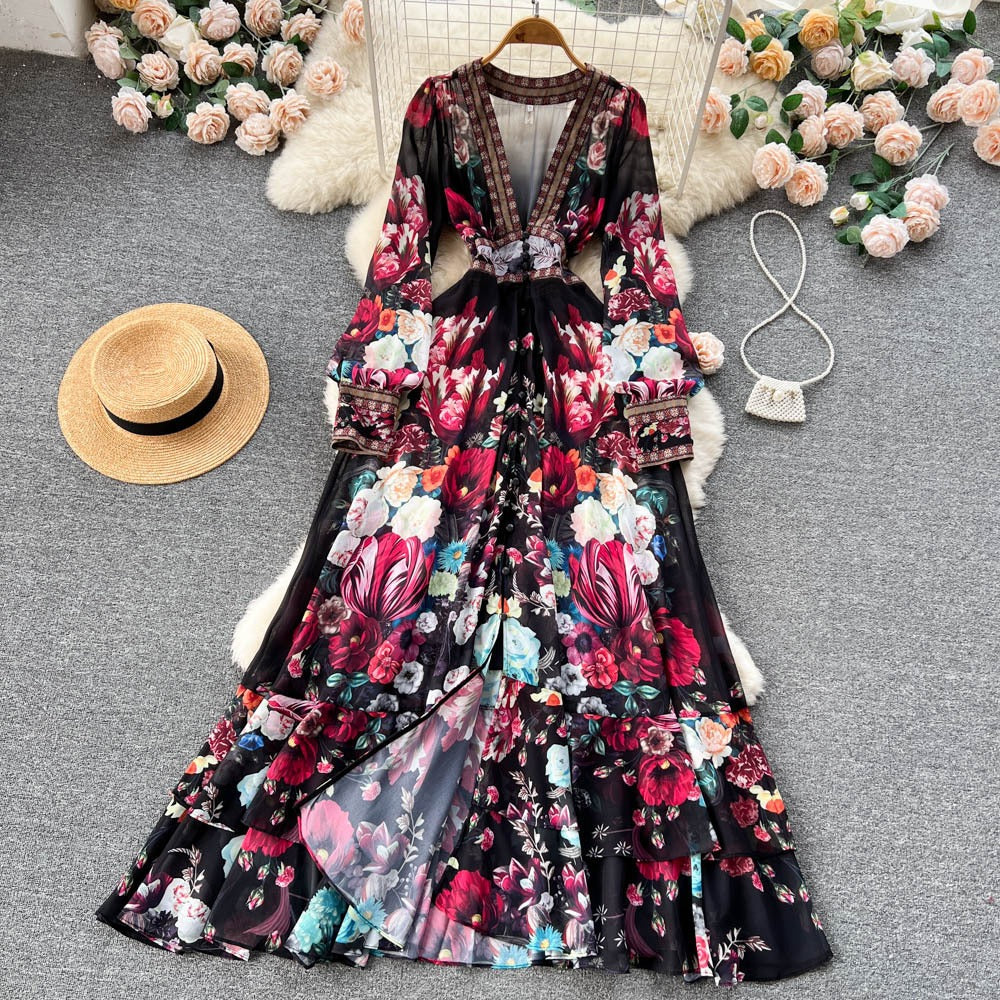 Elegant French Palace Chiffon A-Line Long Dress in Vintage Print | ULZZANG BELLA