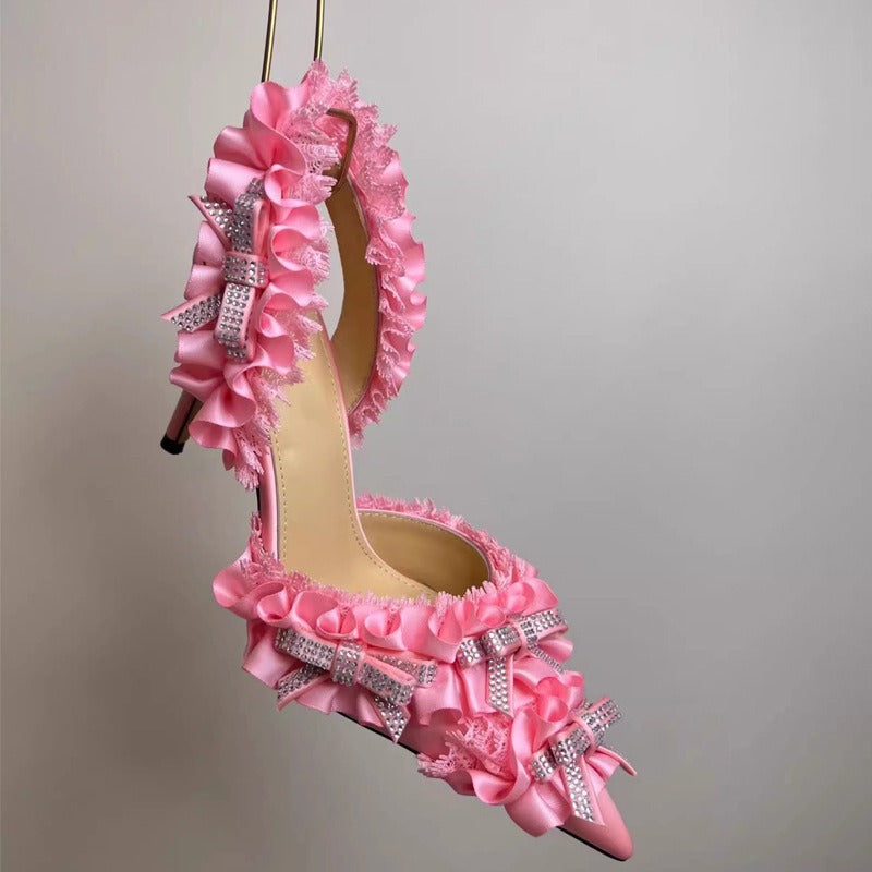 Rhinestone Bow Embellished Silk High Heeled Sandals | ULZZANG BELLA