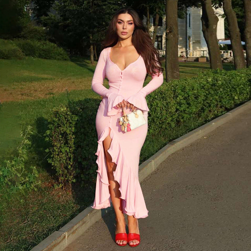 Chic Pink V-Neck Midi Dress with Ruffle Hem | ULZZANG BELLA