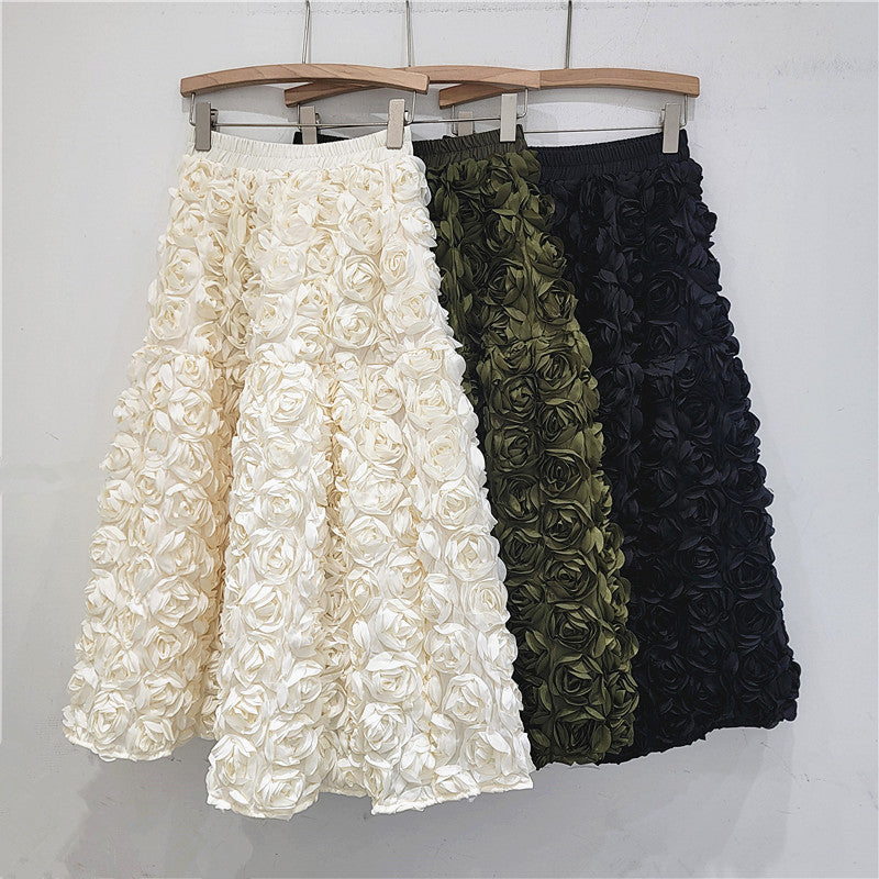 Elegante gonna a mezza gonna a trapezio con fiori tridimensionali | ULZZANG BELLA