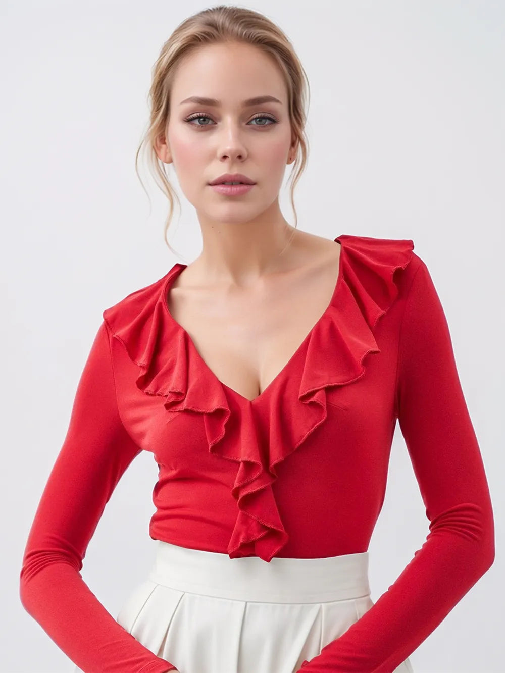 Elegantly Tailored Long Sleeved Slimming Shirt with Ruffled Sheer Detail | ULZZANG BELLA