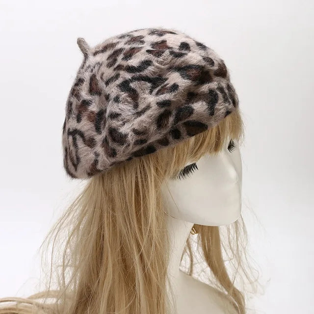 Luxurious Leopard Print Rabbit Fur Buckle Beret Hat for Women | ULZZANG BELLA