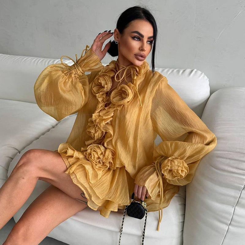 Floral Elegance Ruffle Sleeve Blouse & Shorts Set | ULZZANG BELLA