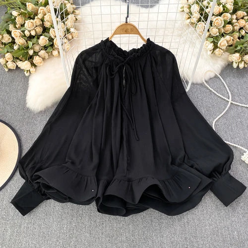 Chic Spring Autumn Ruffled Chiffon Blouse with O-neck | ULZZANG BELLA