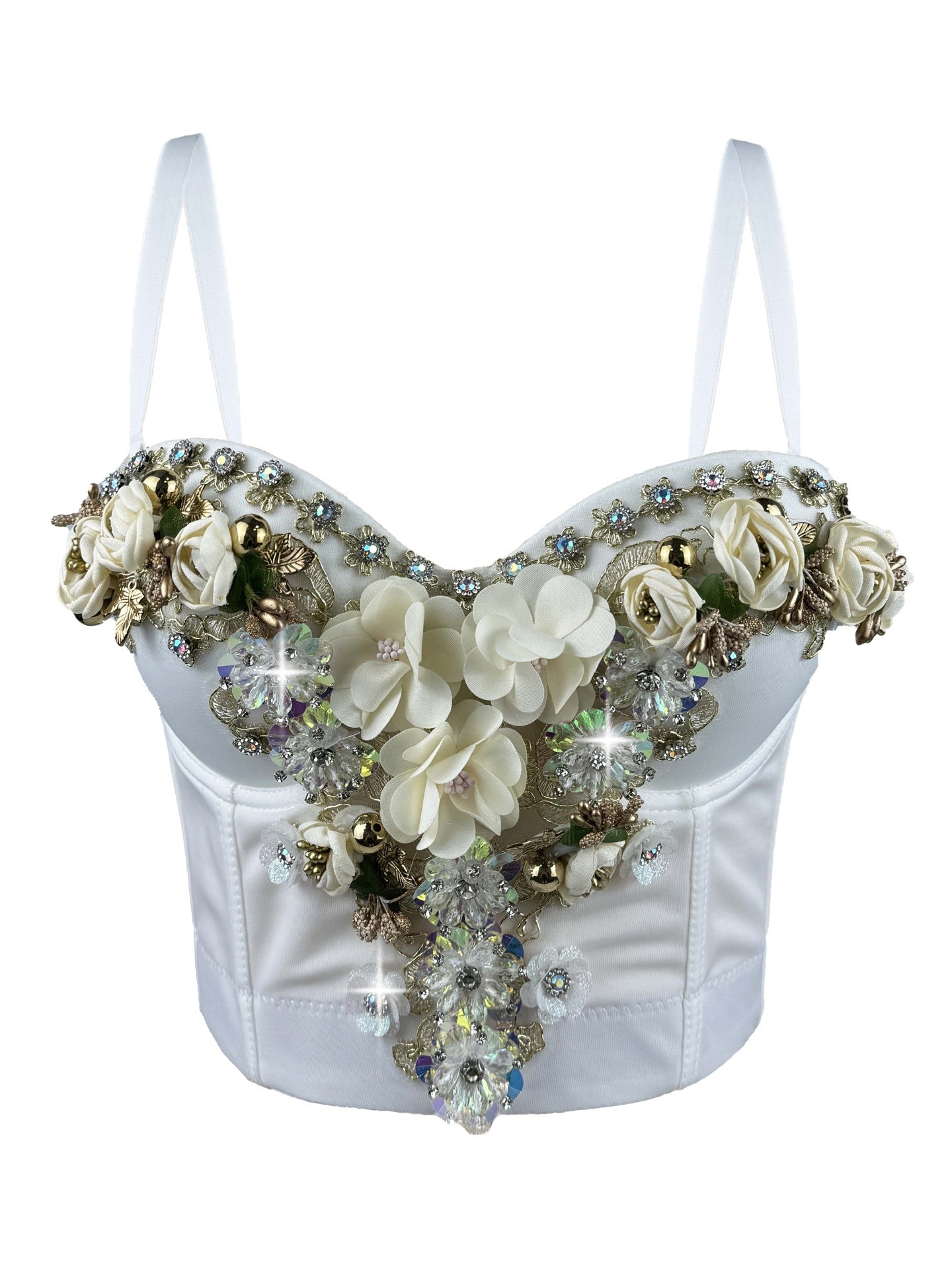 Chic Rhinestone Floral Corset Top with Detachable Straps | ULZZANG BELLA