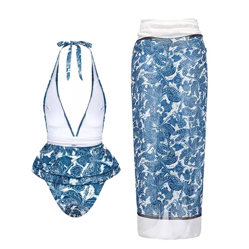 Costume da bagno intero di lusso con scollo a V profondo e gonna copricostume | ULZZANG BELLA