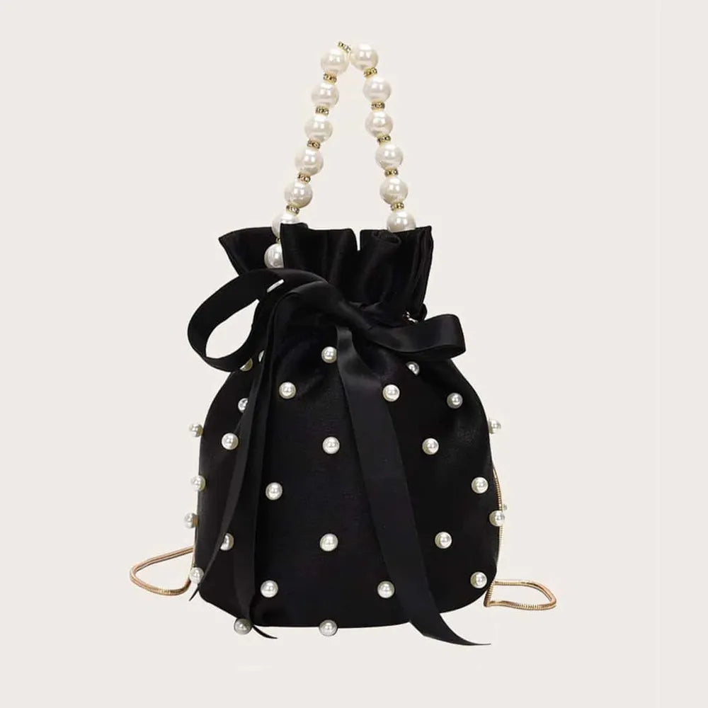Elegant Pearl Detail Solid Color Bucket Bag | ULZZANG BELLA