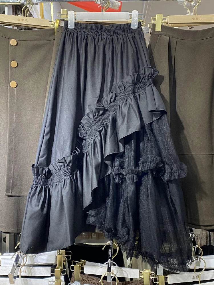 Irregular Mesh Splicing Pompadour Skirt for Autumn Elegance | ULZZANG BELLA