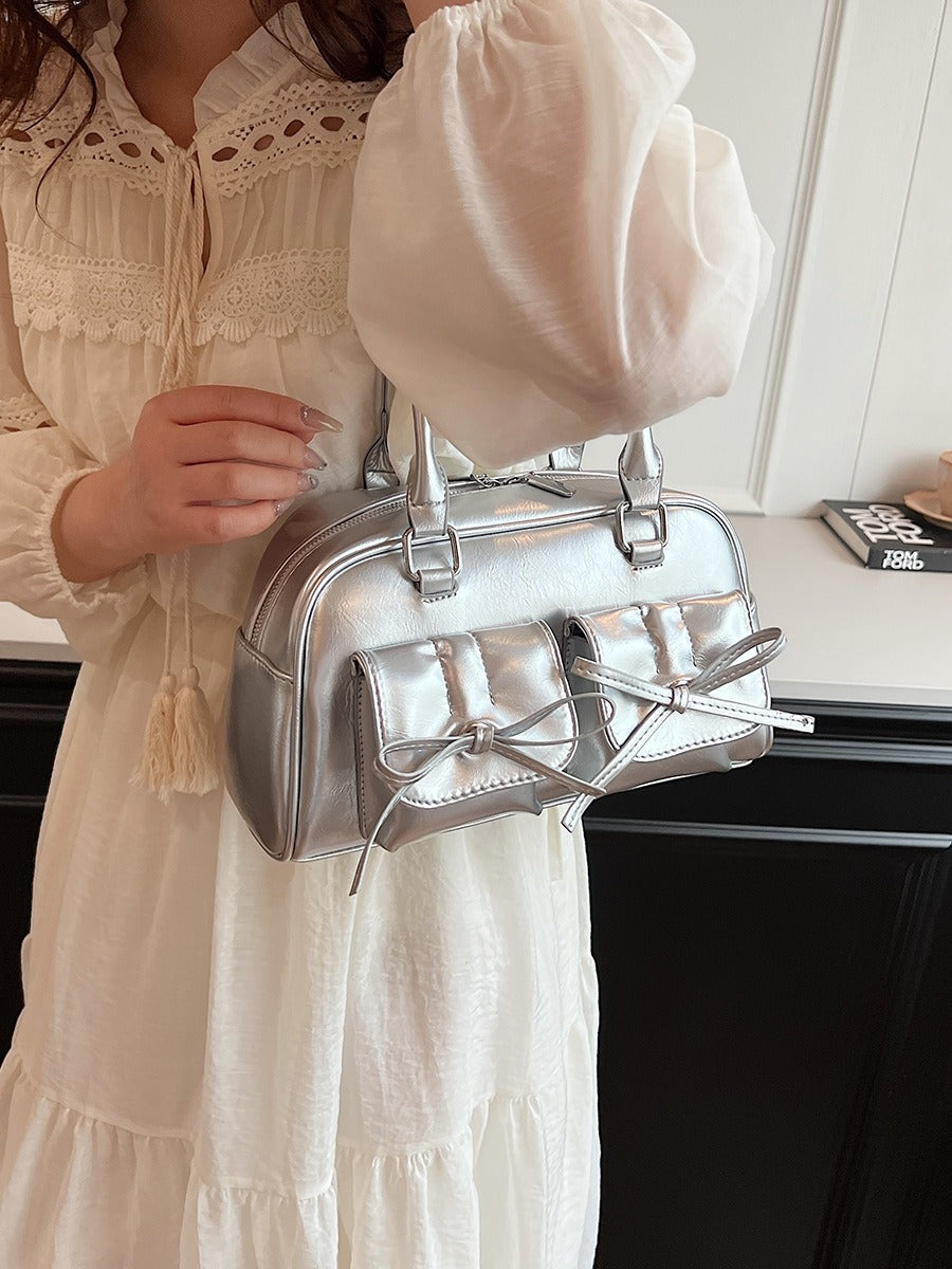 Elegant Baguette Shoulder Bag with Bow Accent | ULZZANG BELLA