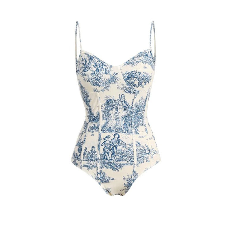 Costume intero elegantemente chic con supporto in acciaio e stampa vintage | ULZZANG BELLA