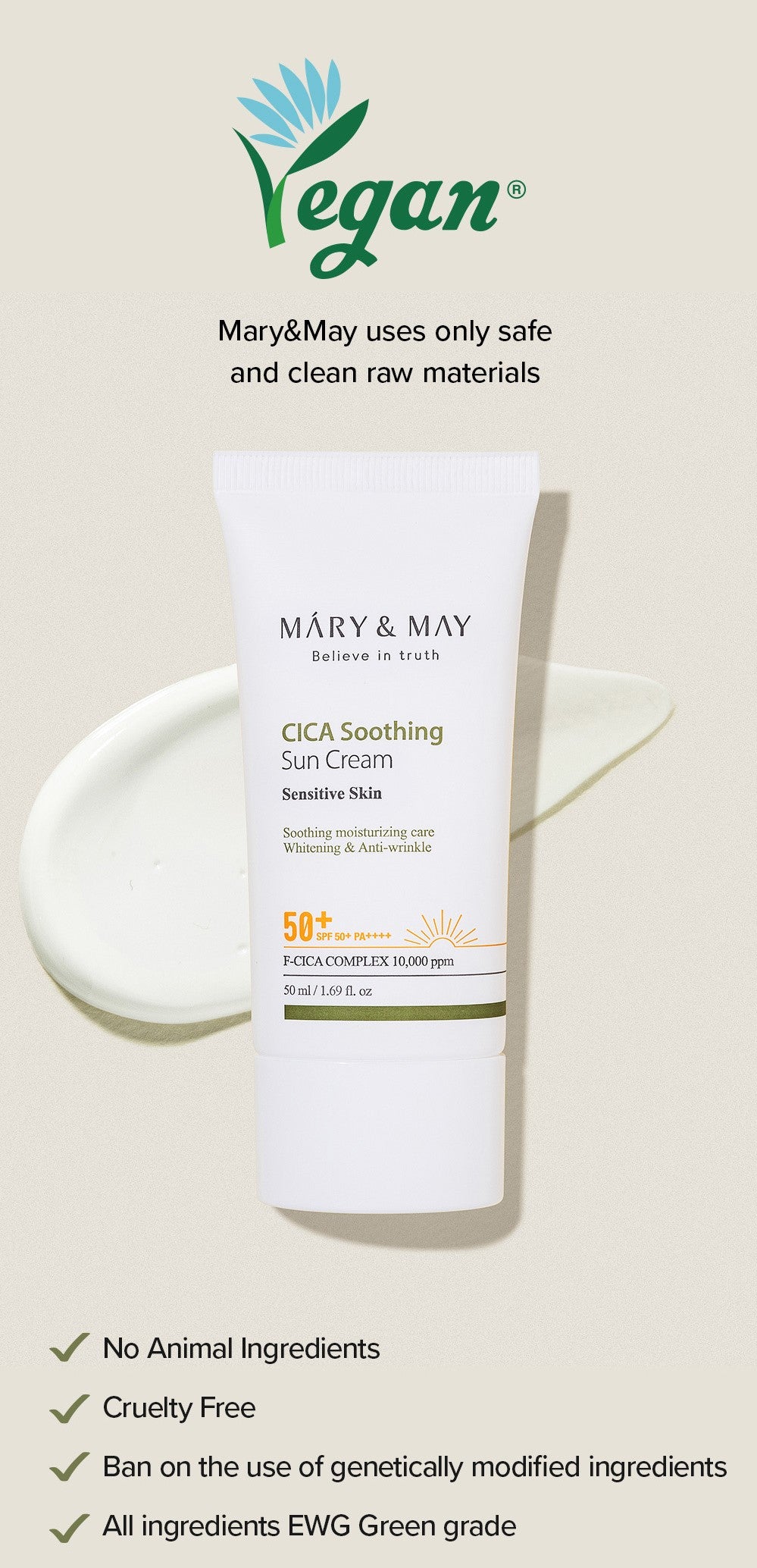 CICA Soothing Sun Cream SPF50+ PA++++ - 50ml | Mary&May