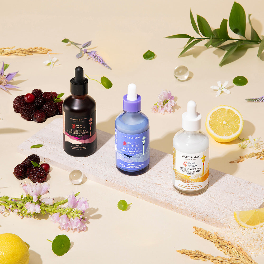 Discover the exquisite Mary&May Idebenone + Blackberry Complex Serum, a South Korean masterpiece blending potent antioxidants for timeless beauty and radiant skin.
