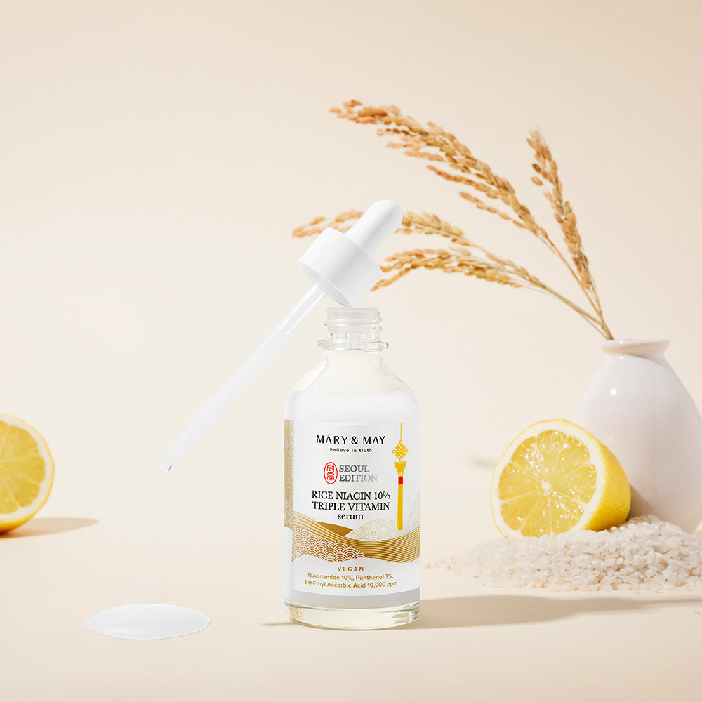 Elevate your skincare ritual with Mary&May's Rice Niacin 10% Triple Vitamin Serum, a luxurious blend of potent ingredients crafted in South Korea for radiant, revitalized skin.