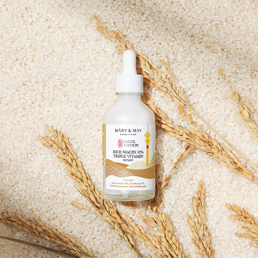 Elevate your skincare ritual with Mary&May Rice Niacin 10% Triple Vitamin Serum, a luxurious South Korean formulation that nourishes and brightens for radiant skin.