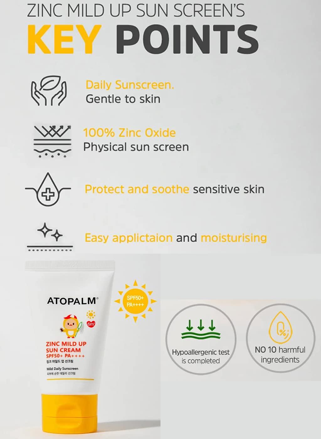 Zinc Mild Up Sun Cream SPF50+ PA++++ 65g | Atopalm
