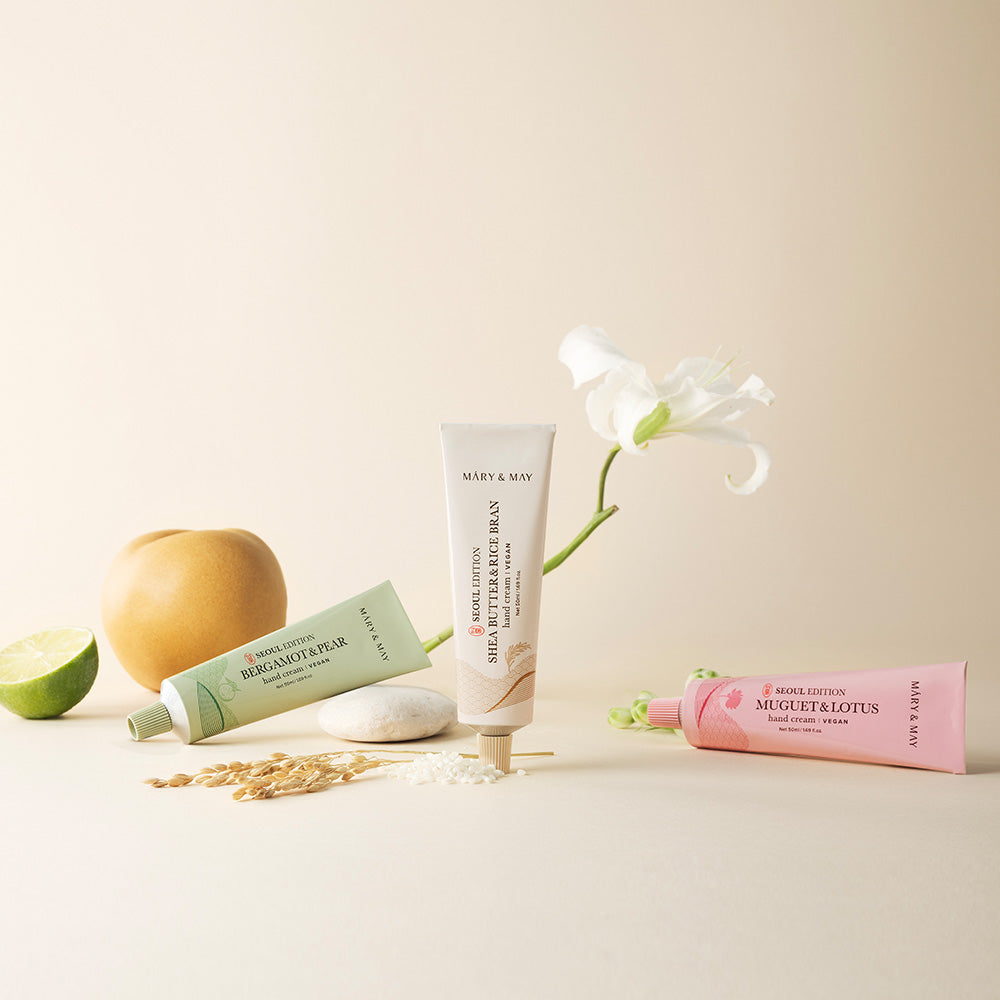 Indulge in the opulent Mary&May Shea Butter & Rice Bran Hand Cream, meticulously crafted in South Korea for exquisite hydration and timeless elegance.