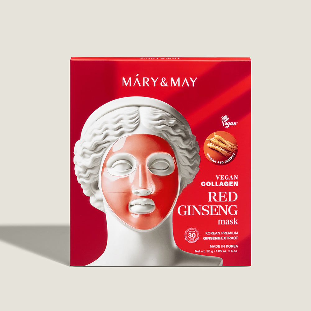 Discover the exquisite Mary&May Vegan Collagen Red Ginseng Mask, a luxurious South Korean skincare essential crafted with revitalizing ginseng and vegan collagen for radiant beauty.