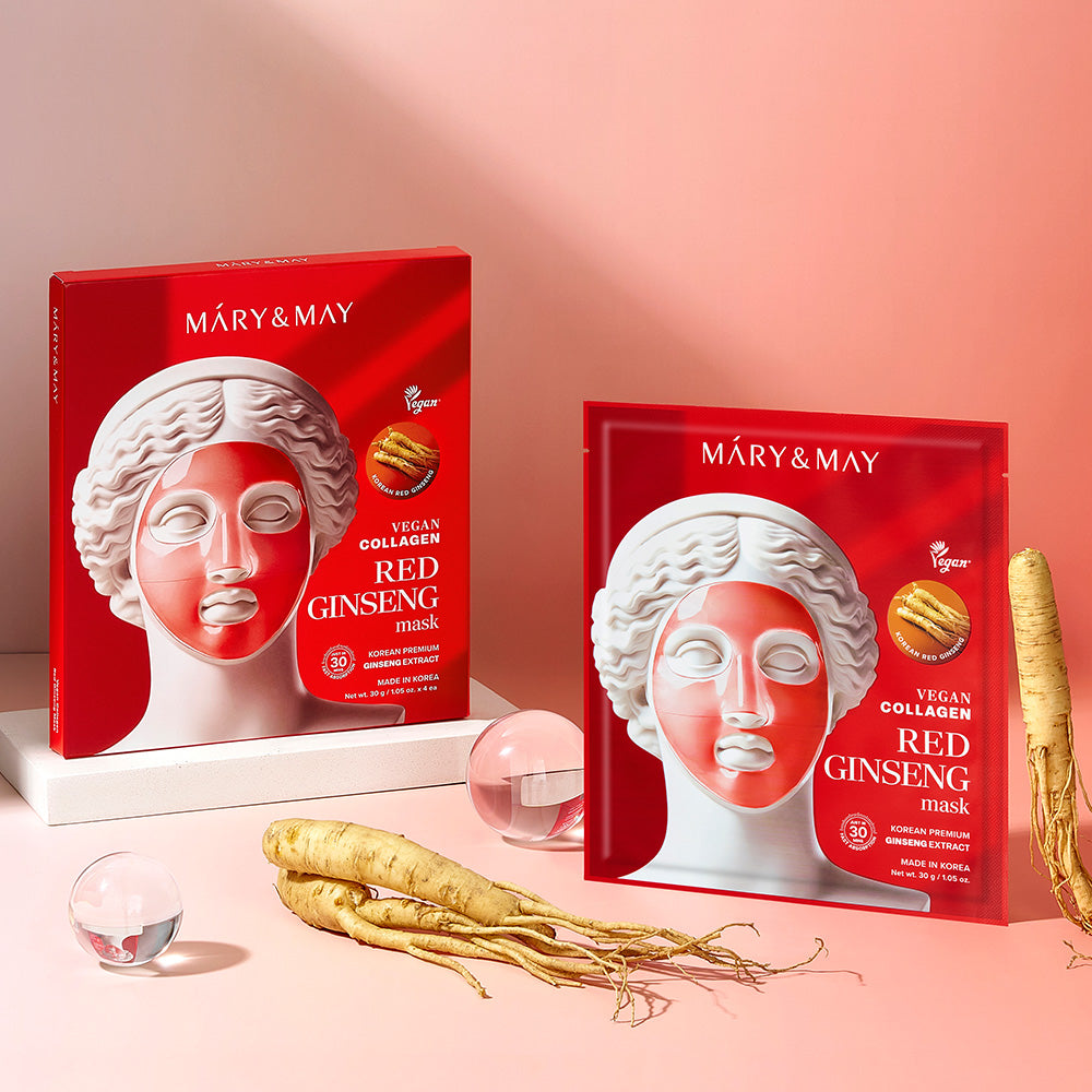 Elevate your skincare ritual with Mary&May's Vegan Collagen Red Ginseng Mask, a South Korean masterpiece that revitalizes and firms for luminous, youthful skin.