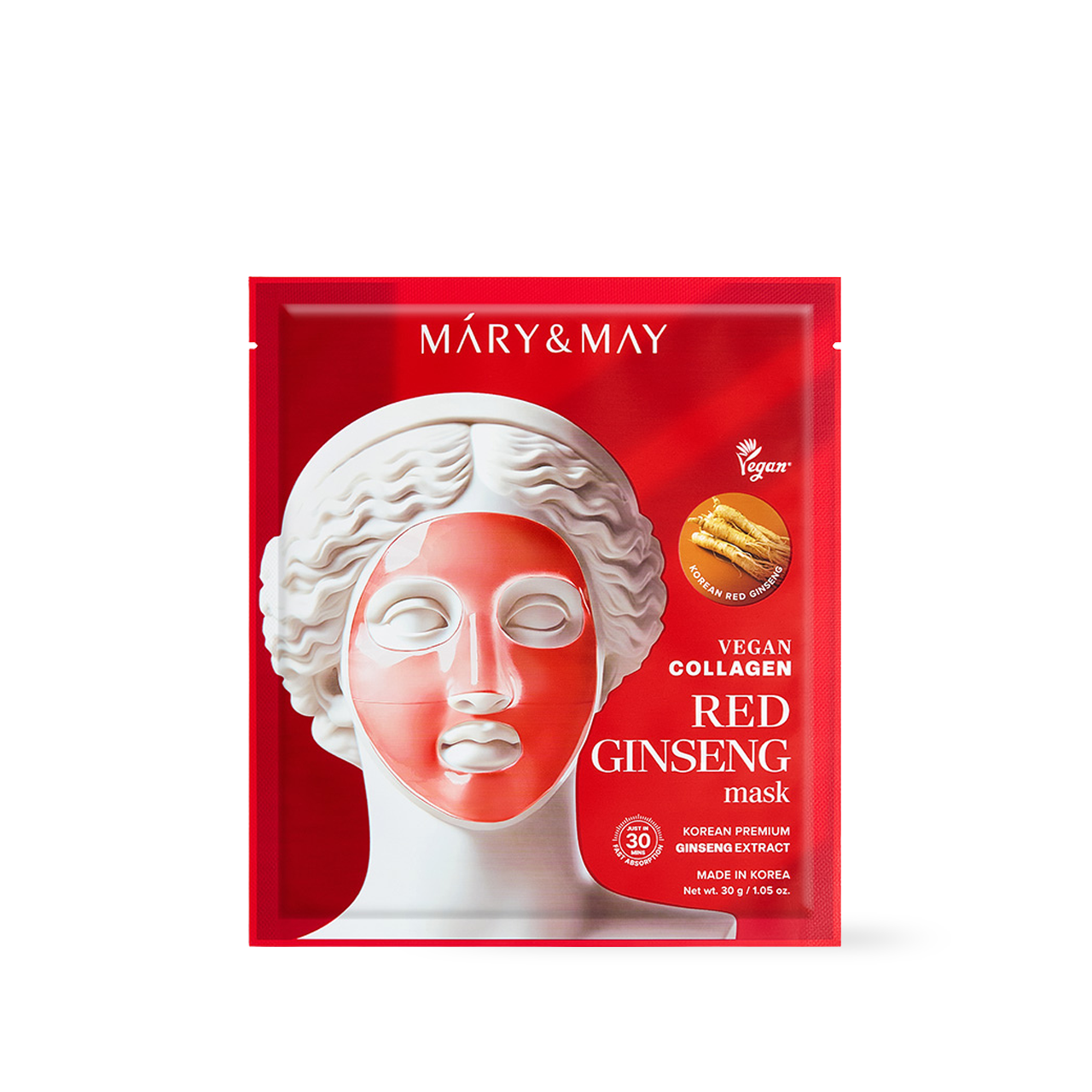 Indulge in the luxurious Mary&May Vegan Collagen Red Ginseng Mask, crafted in South Korea to revitalize your skin with exquisite ingredients and timeless elegance.
