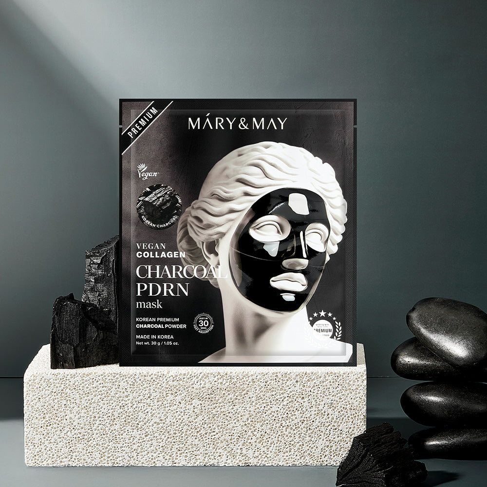 Discover the exquisite Mary&May Vegan Collagen Charcoal PDRN Mask, crafted in South Korea to rejuvenate your skin with luxurious vegan collagen and purifying charcoal.