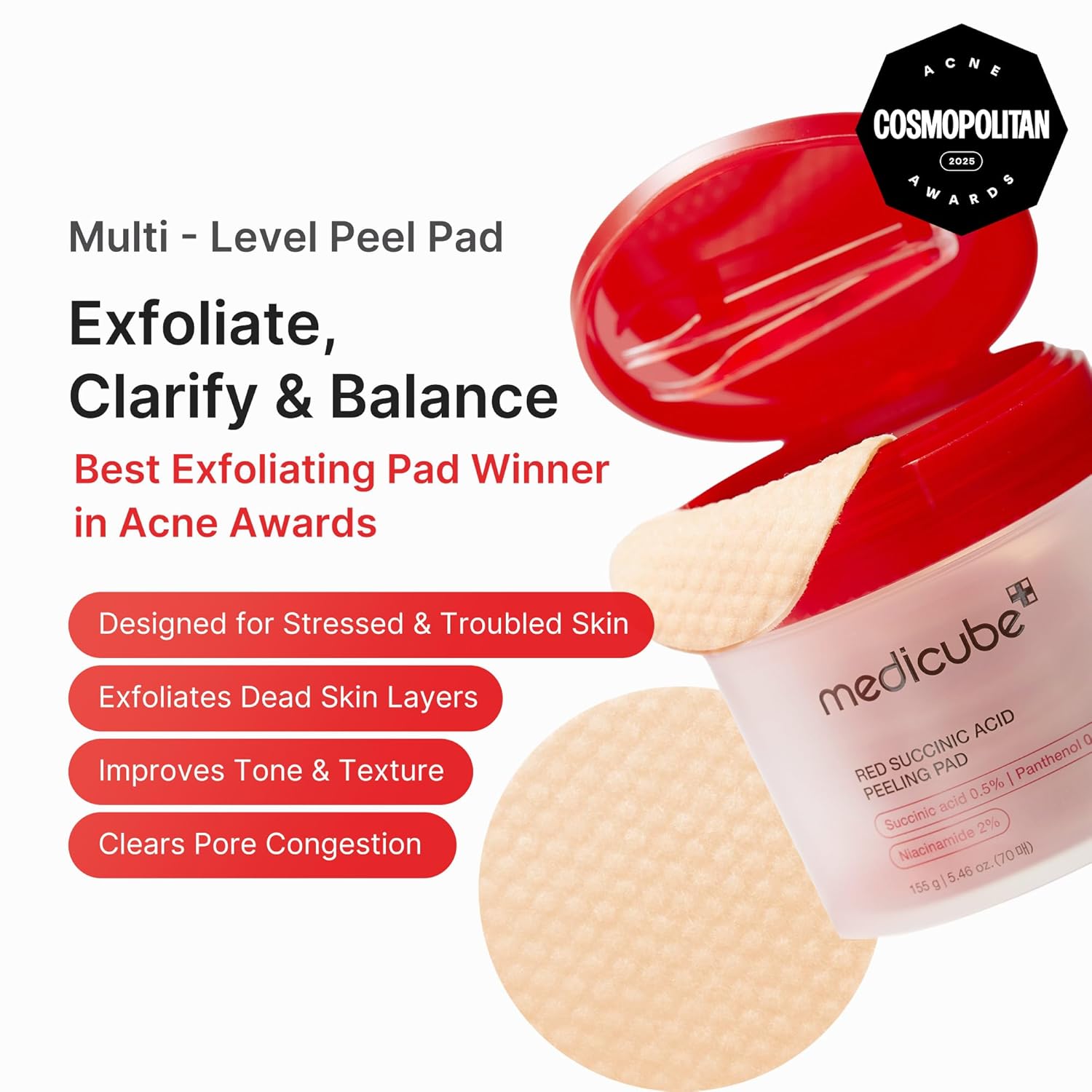 Red Succinic Acid Peeling Pads 70pcs | MEDICUBE