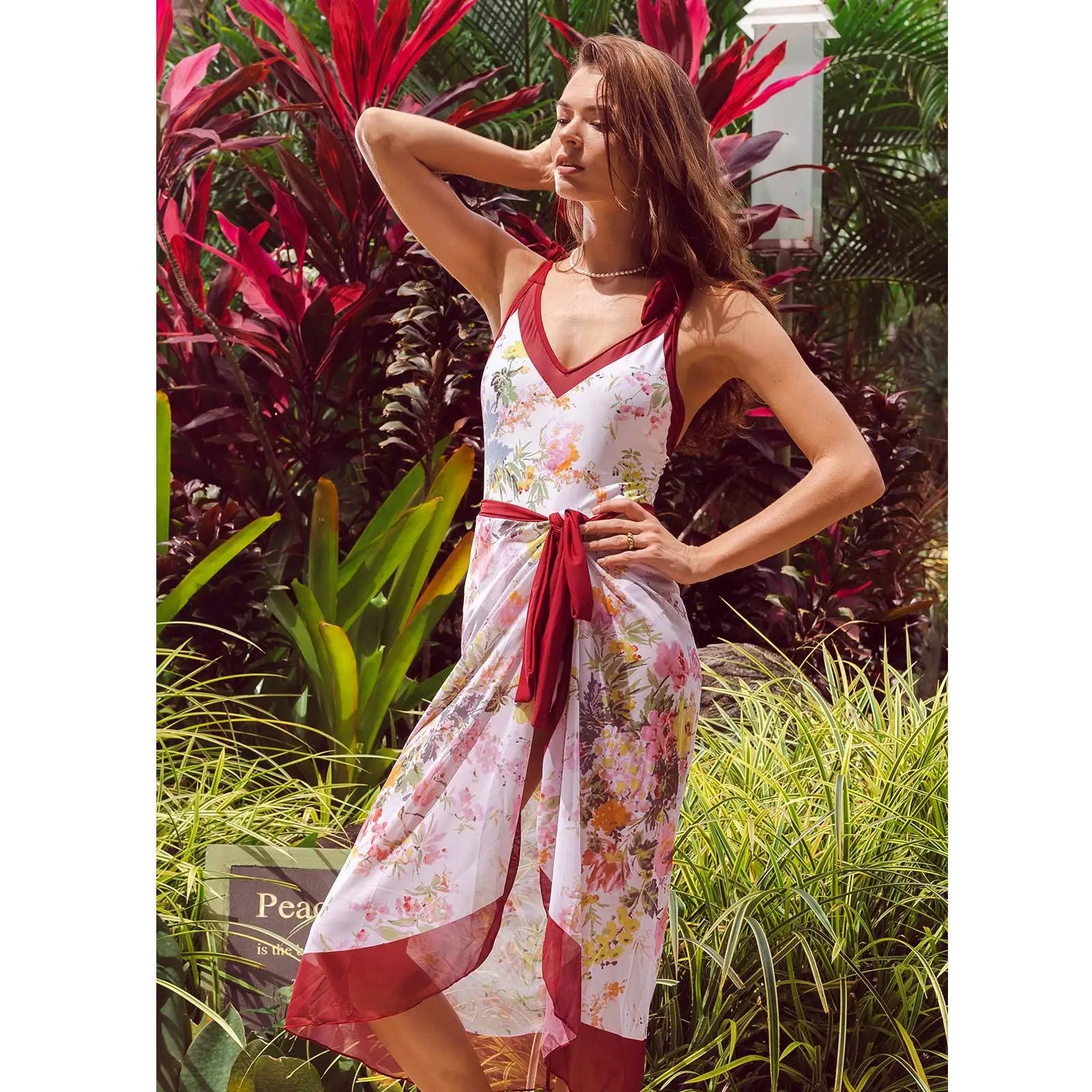 Costume intero con stampa vintage e scollo a V profondo e copricostume in chiffon kimono | ULZZANG BELLA