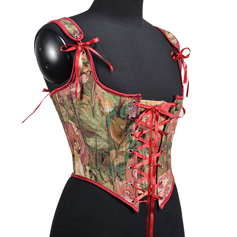 French Bandage Waist-Sculpting V-Neck Embroidered Layered Vest in Peony | ULZZANG BELLA