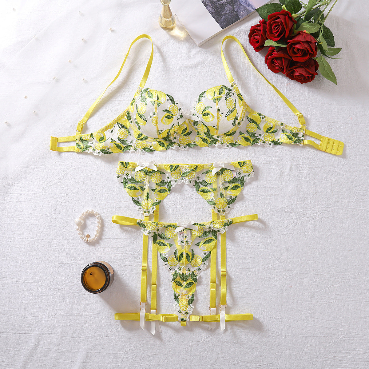 Seductive Lemon Yellow Four-Piece Lingerie Set | ULZZANG BELLA