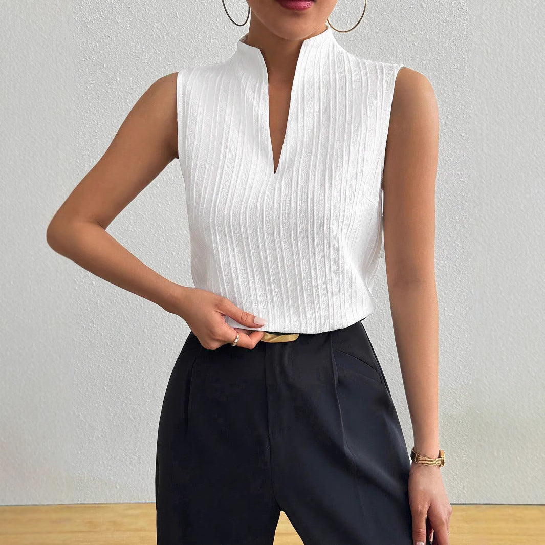 Elegant V-Neck Slim Fit Sleeveless Top in White | ULZZANG BELLA