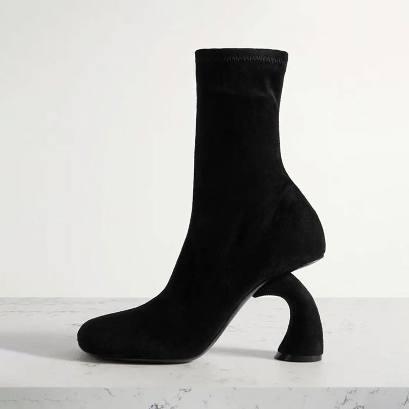 Elegant Square Head High Heel Side-Zipper Boots with Unique Metal Detail | ULZZANG BELLA