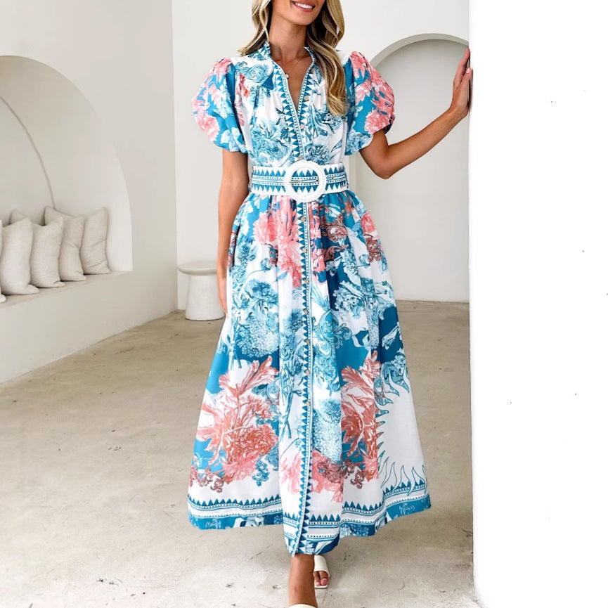 Abito lungo stampato con lacci blu cielo | ULZZANG BELLA