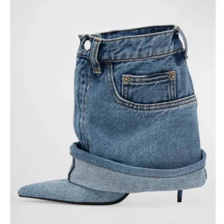Elegant Pointed Toe High Heel Denim Cowboy Boots | ULZZANG BELLA