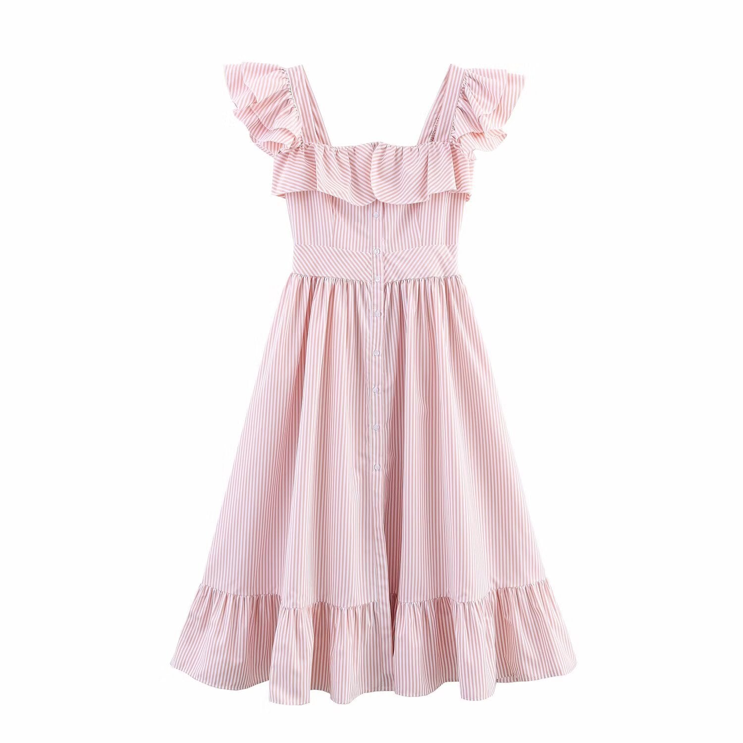 Elegant Striped Ruffle Waist Dress for the Refined Woman | ULZZANG BELLA